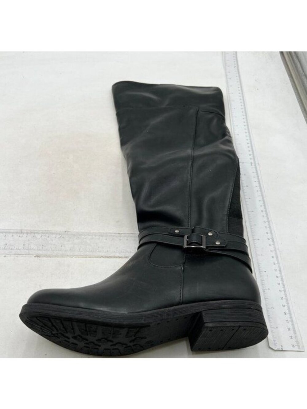 Women's Wide Calf Strap Buckle Knee High Boots Round Toe, Low Heels Long Boots